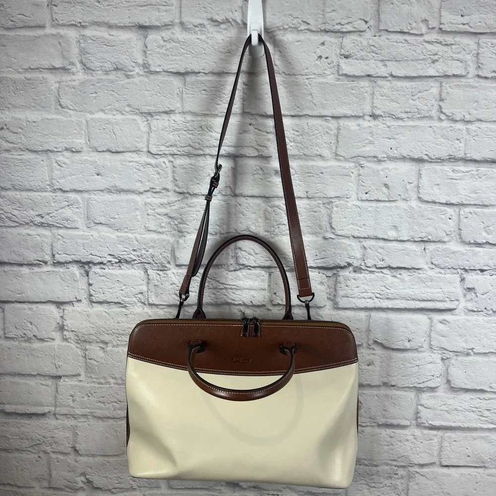 Cluci Leather Color Block Briefcase Laptop Work School Bag Fits 15.6 Laptop